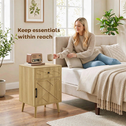 Nightstand Set Of 2, Oak, With Drawer And Cabinet Storage Side Tables at Gallery Canada