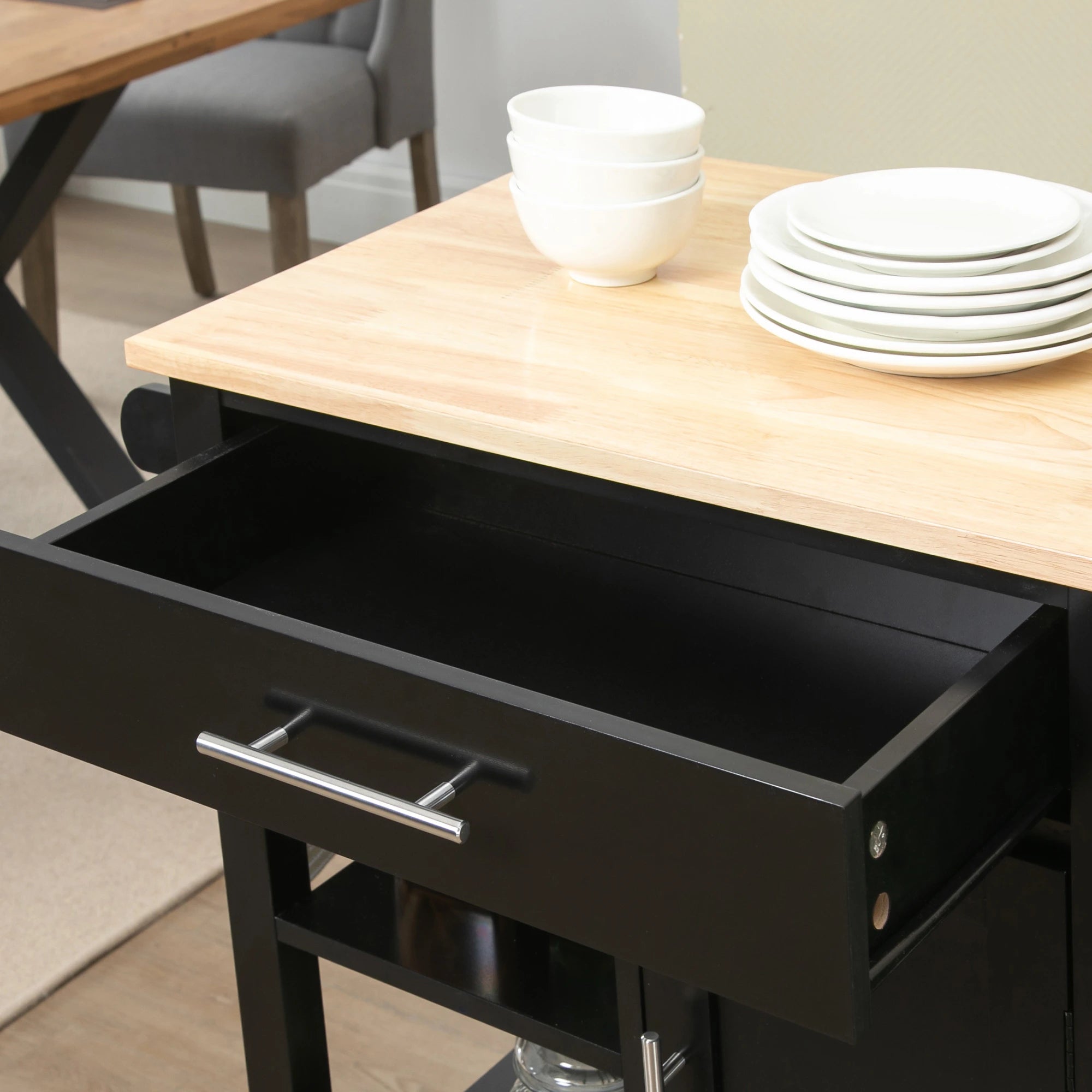 Compact Kitchen Cart on Wheels, Open Shelf, Storage Drawer, Black Kitchen Islands & Kitchen Carts at Gallery Canada
