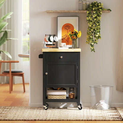 Rolling Kitchen Cart, Wood Top with Towel Rack, Drawer, Shelf, Black Kitchen Islands & Kitchen Carts at Gallery Canada