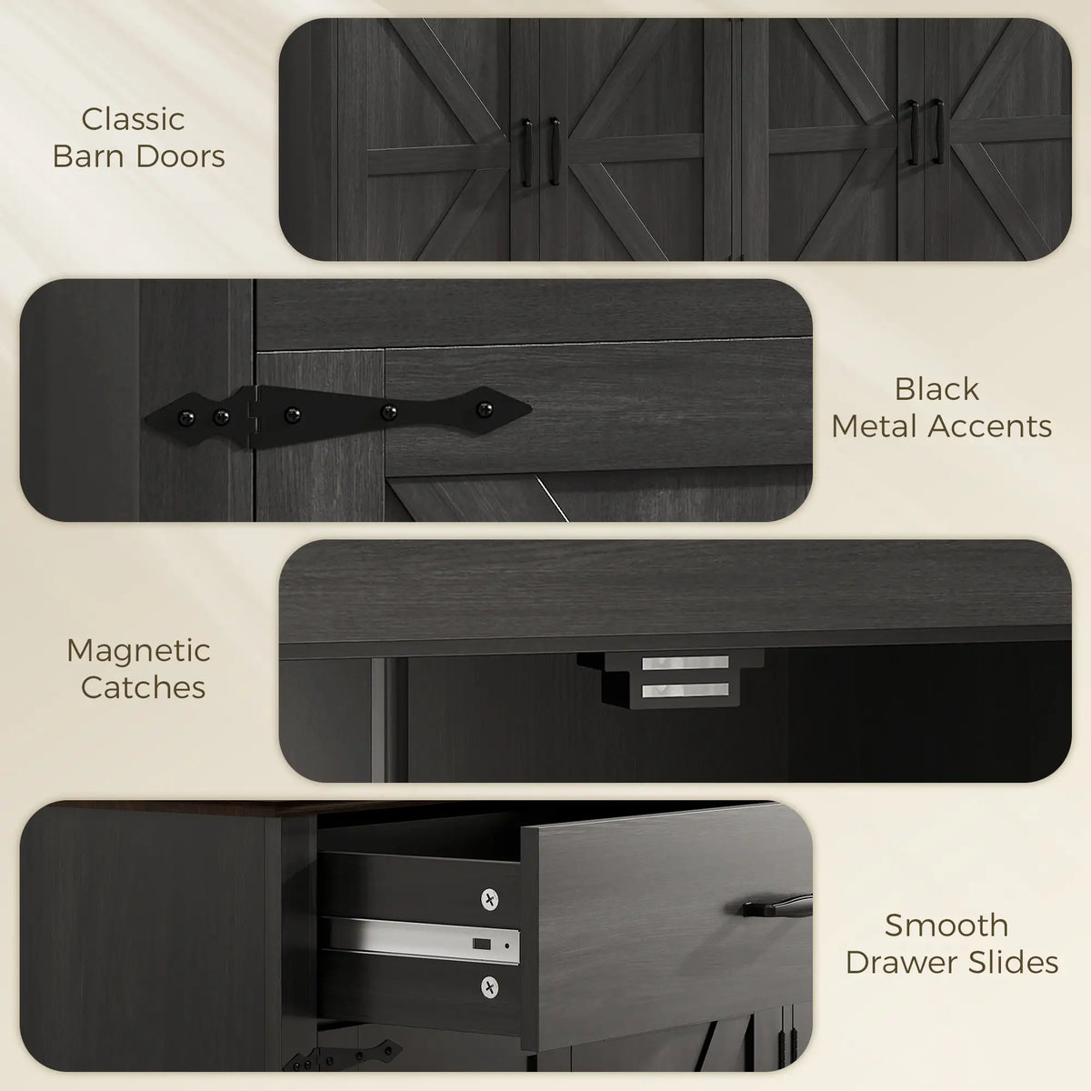 55" Black Buffet Cabinet, Farmhouse Sideboard, 4 Barn Doors, 2 Drawers, Black Storage Cabinets at Gallery Canada