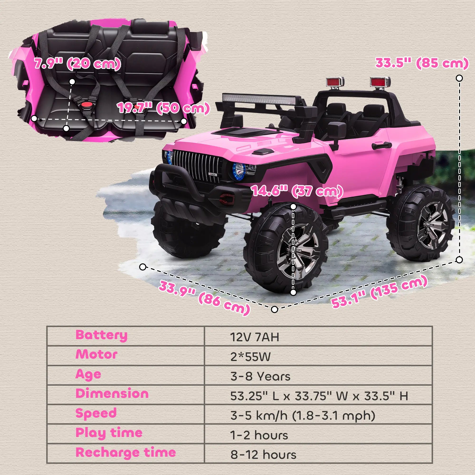 2-Seater Kids Police Car, 12V 7AH Remote Control, Pink Electric Toy Cars at Gallery Canada