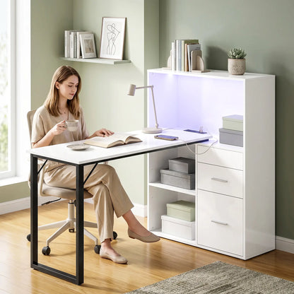 54" Computer Desk With Drawers, Power Outlets, LED Lights, White