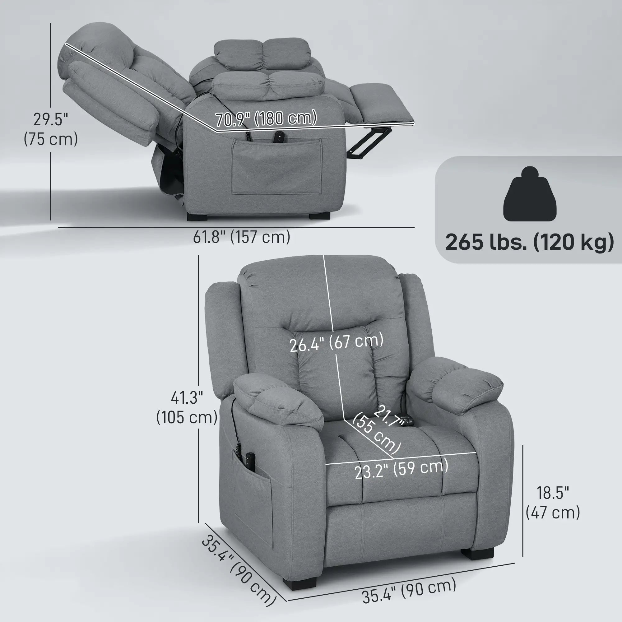 Massage Recliner Chair, Quiet Brushless Motor, Pet-Friendly Fabric, 2 Memory Positions, Grey Single Sofas at Gallery Canada