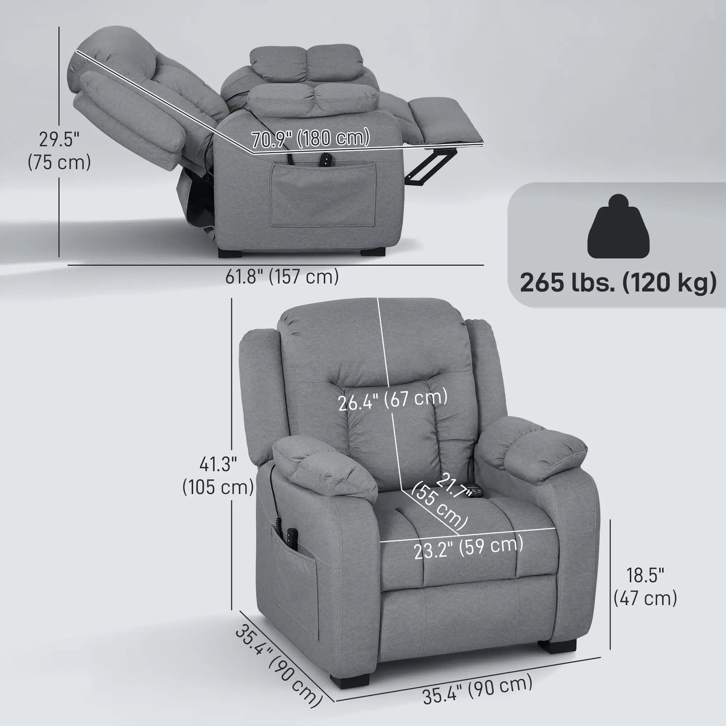 Massage Recliner Chair, Quiet Brushless Motor, Pet-Friendly Fabric, 2 Memory Positions, Grey Single Sofas at Gallery Canada