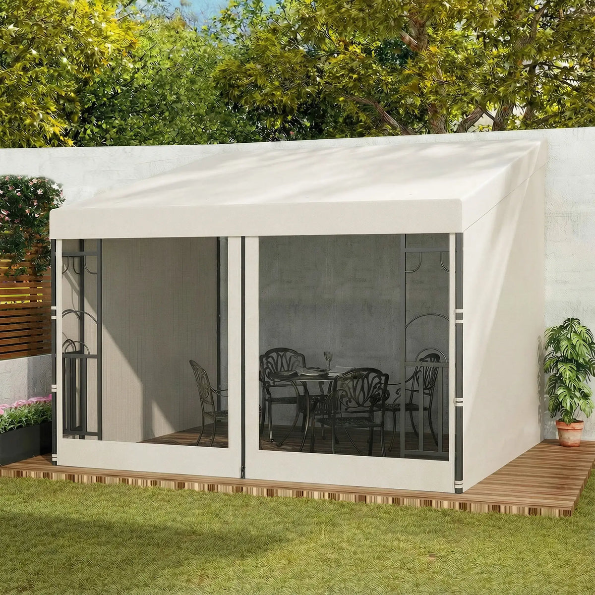 10' x 10' Wall Pergola, Outdoor Gazebo, 2 Curtains, 2 Nettings, Beige Pergolas at Gallery Canada