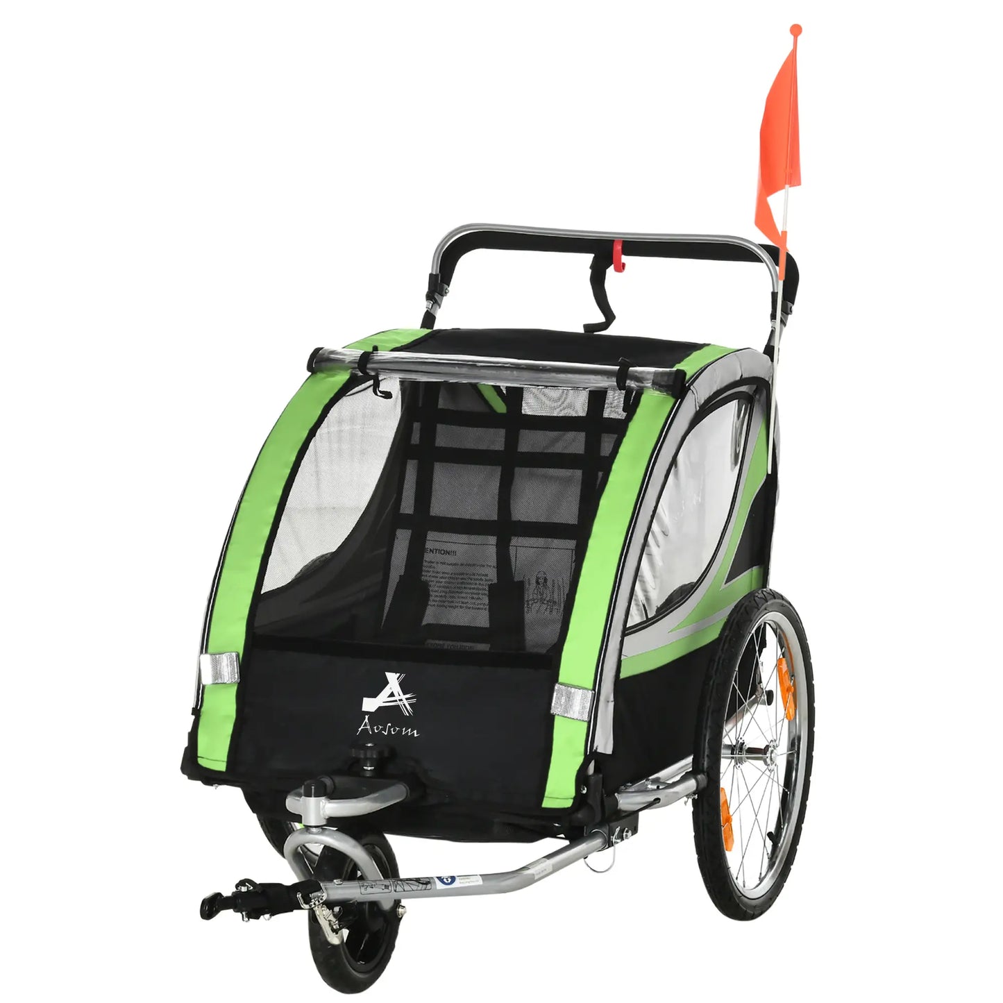2 Seat Bike Trailer, Double Jogging Stroller, Handbrake, Rubber Wheels, Green Kids Bike Trailers at Gallery Canada