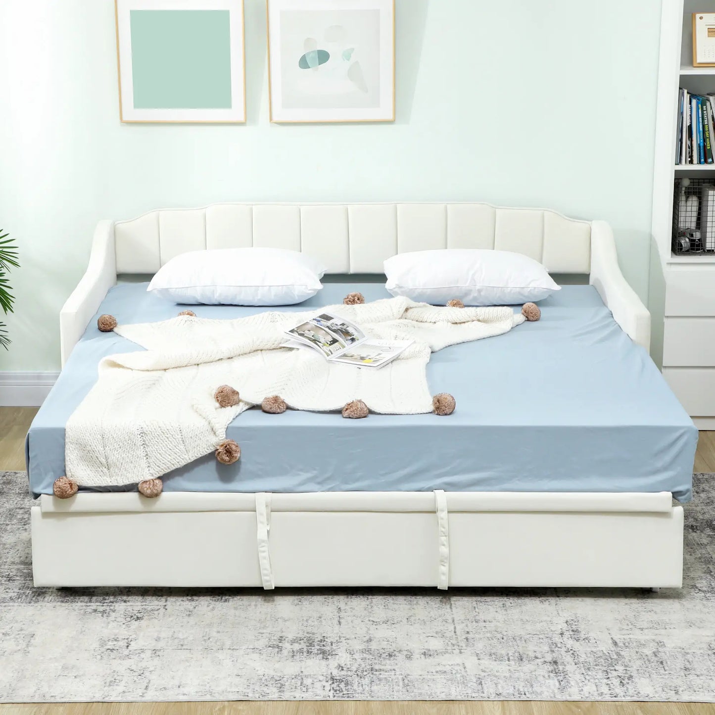 Upholstered Twin Trundle Bed, Extendable Twin To King, Cream White