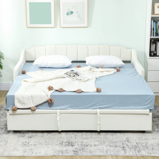 Upholstered Twin Trundle Bed, Extendable Twin To King, Cream White