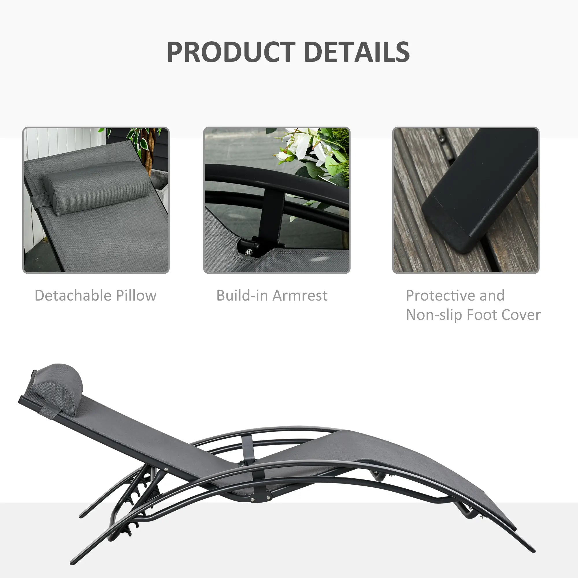 Aluminum Reclining Lounge Chair, 5-Level Adjustable Backrest, Head Pillow, Grey Lounger Chairs at Gallery Canada