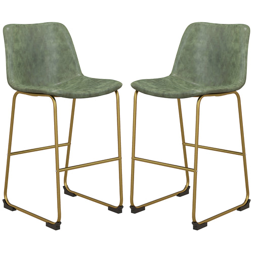 Bar Height Stools Set of 2, PU Leather Upholstered Stools for Kitchen Island, Modern Bar Chairs, Dark Green