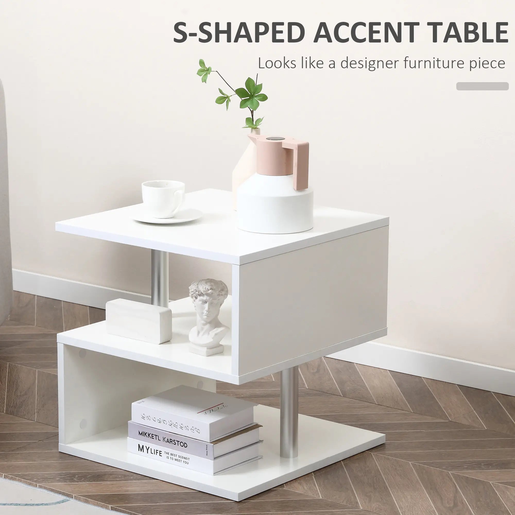 Wooden S Shape End Table, 3 Tier Storage Shelves, White Side Tables at Gallery Canada