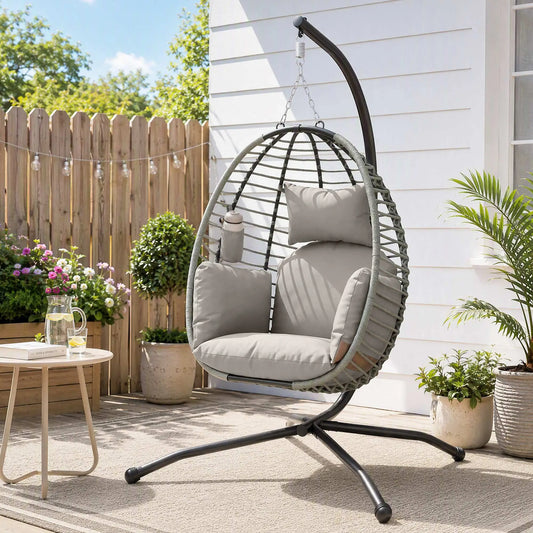Outdoor Hanging Egg Chair, Thick Padded Cushion, Patio Swing Chair, Grey Patio Swings with Stand Grey at Gallery Canada