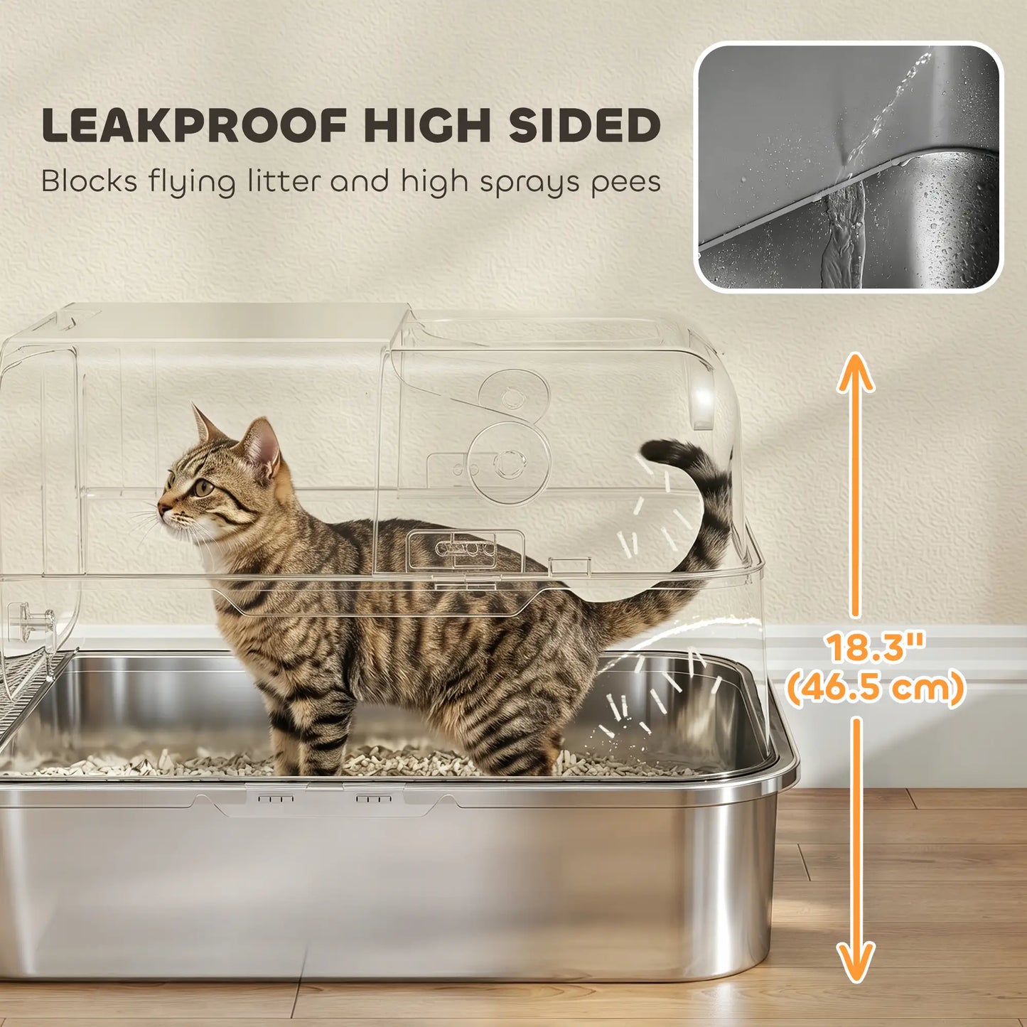 Bac à litière pour chat en acier inoxydable XXL, fermé, côtés hauts, noir