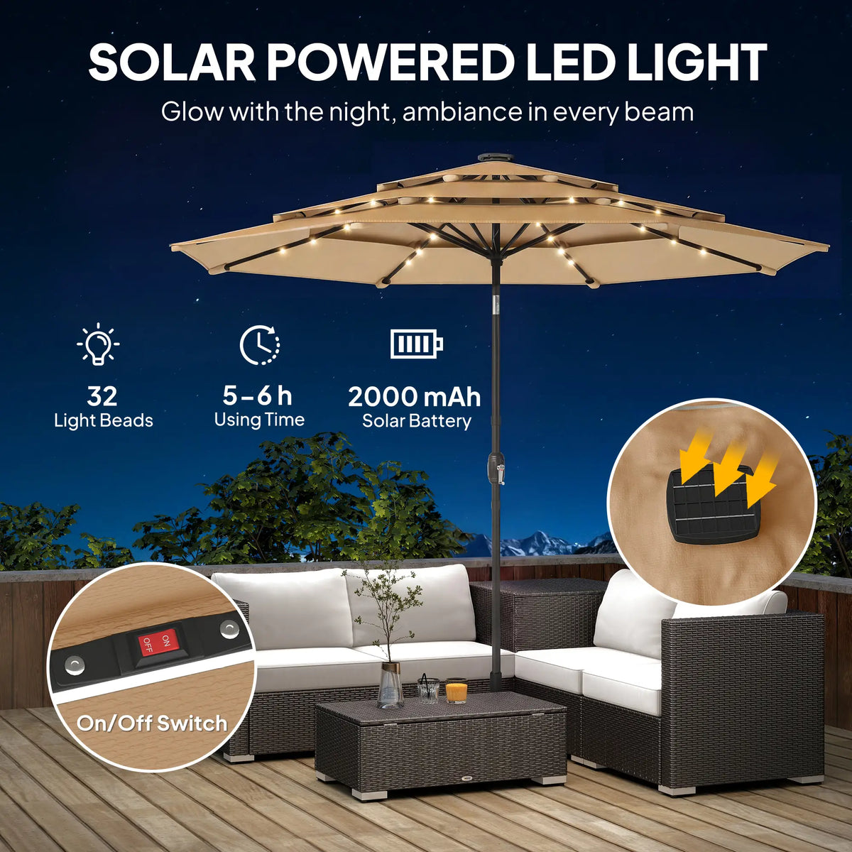 9.3 ft Patio Umbrella With Solar LED Lights, Cover, Tilt, Crank, Khaki Sun Umbrellas at Gallery Canada