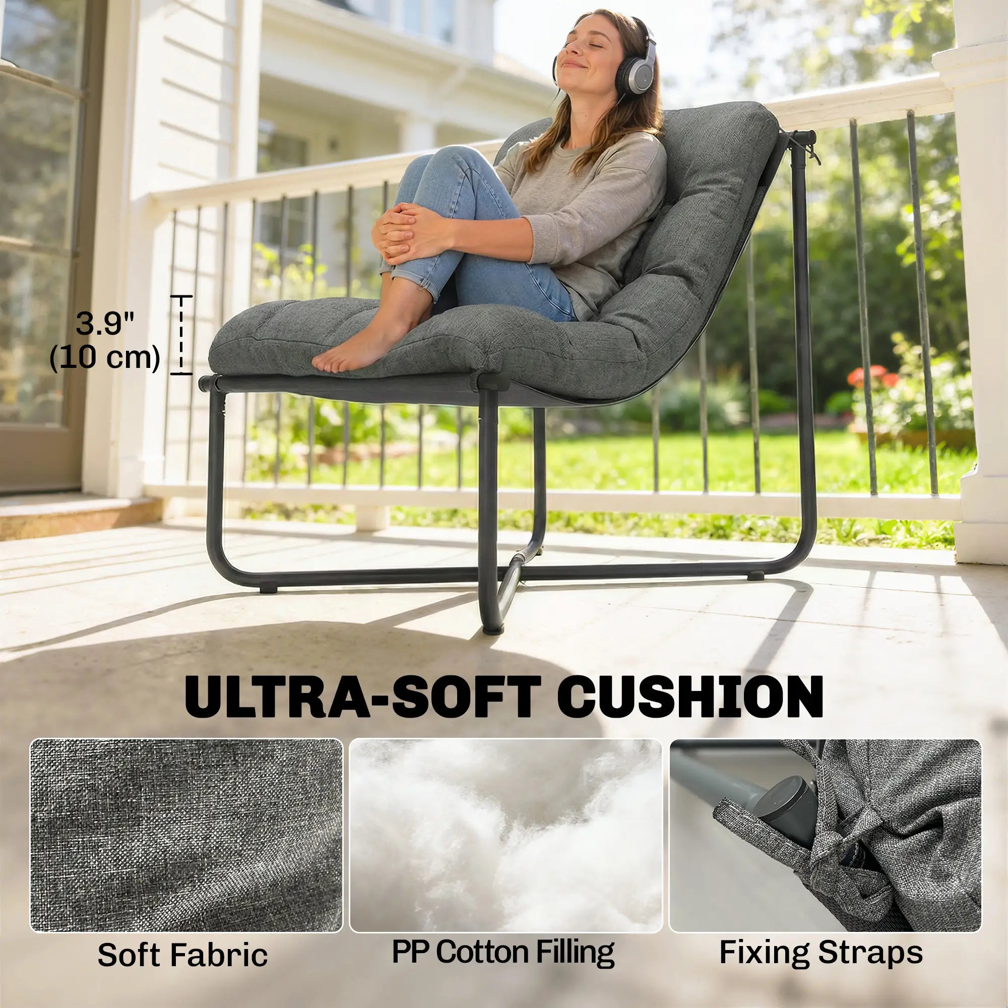 Outdoor Patio Chair, Comfy Sling Lounge With Cushion, Steel Frame, Dark Grey Patio Chairs at Gallery Canada