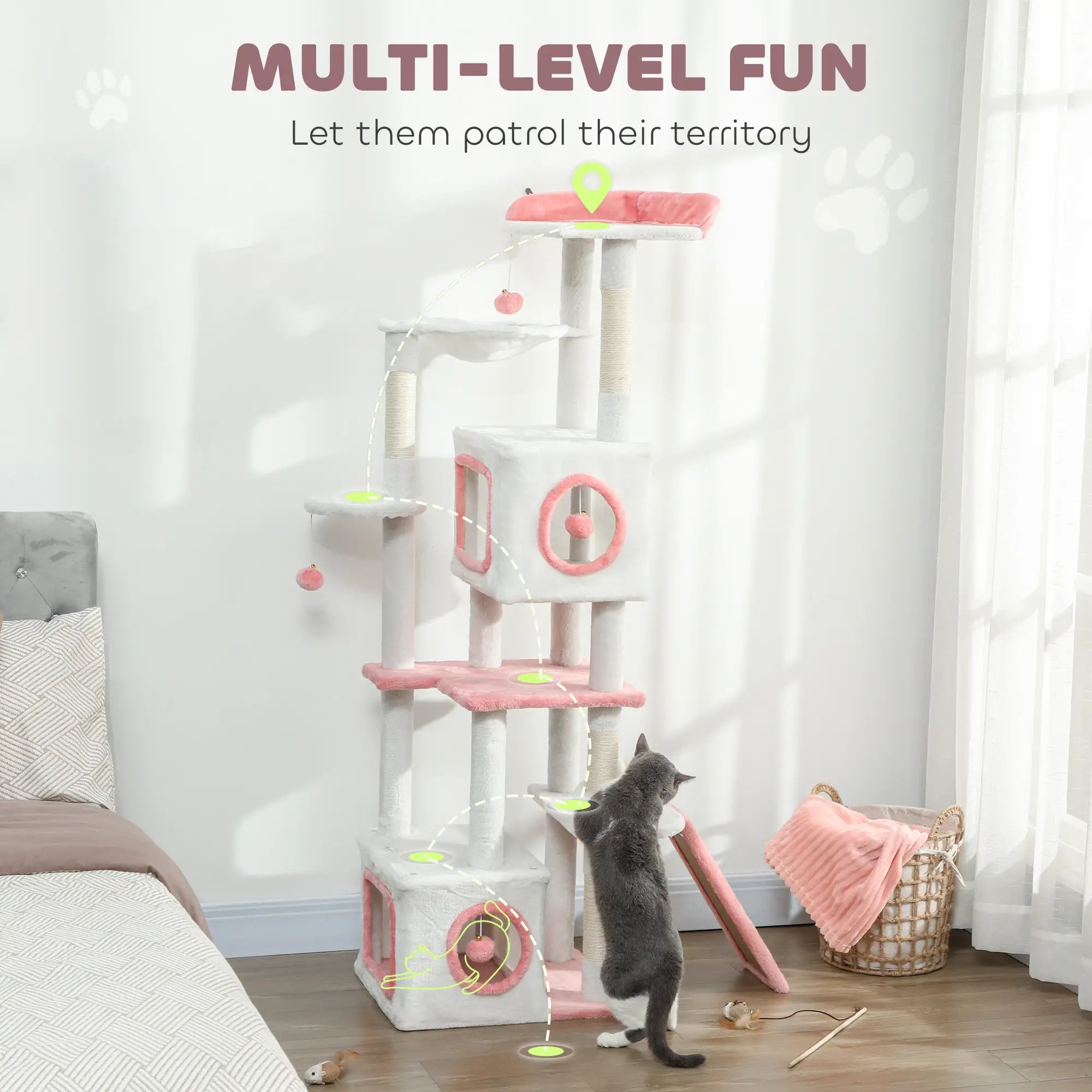 65 Inch Cat Tree, 2 Condos, Perch, Hammock, Scratching Posts, White Cat Towers at Gallery Canada