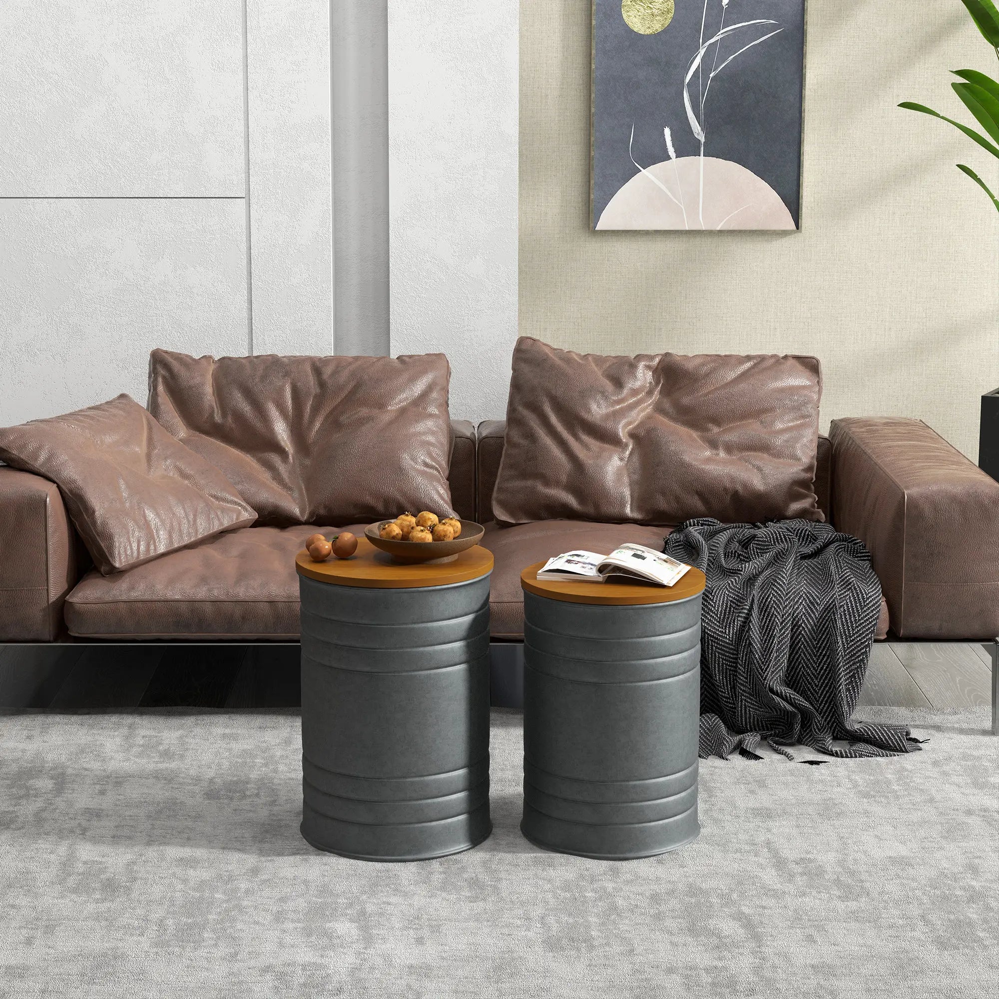 Round Side Table Set of 2, Nesting Coffee Tables, Wooden Lid, Galvanized Frame, Hidden Storage, Grey Side Tables at Gallery Canada