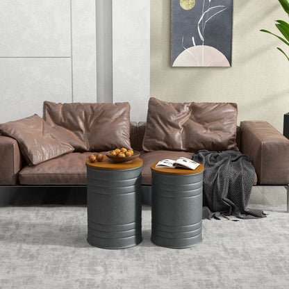 Round Side Table Set of 2, Nesting Coffee Tables, Wooden Lid, Galvanized Frame, Hidden Storage, Grey Side Tables at Gallery Canada