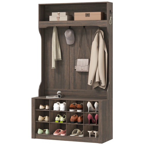 4-In-1 Hall Tree with Bench, Shoe Storage, 12 Cubbies, 6 Hooks, Dark Brown