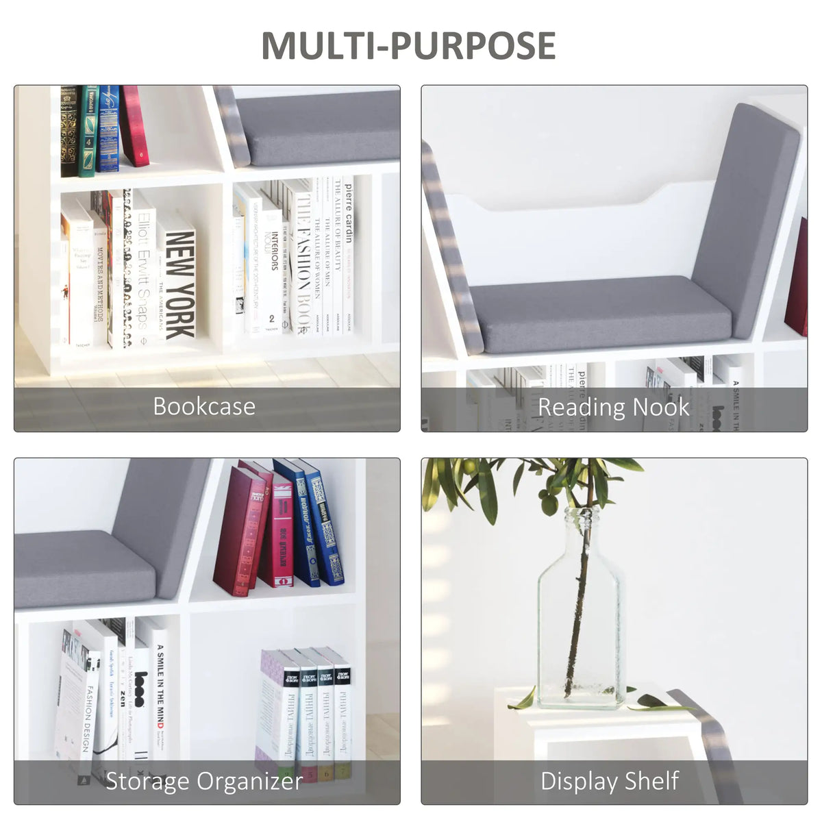 6-Cubby Bookcase with Seat Cushion, Cube Storage Shelf, Grey Small Bookshelves at Gallery Canada