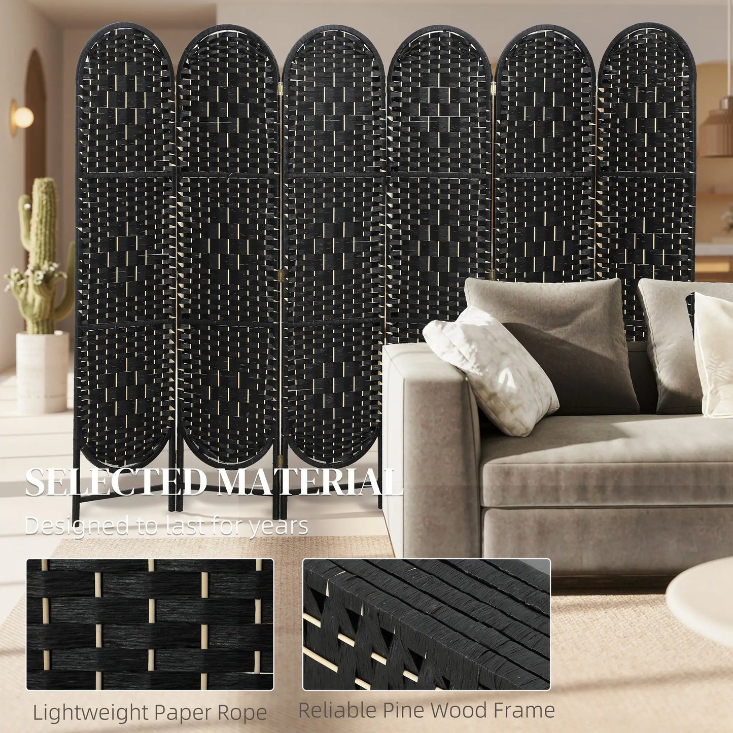 Bohemian Privacy Screen, 6 Panel Folding Room Divider, Arched Top, Black Room Dividers at Gallery Canada