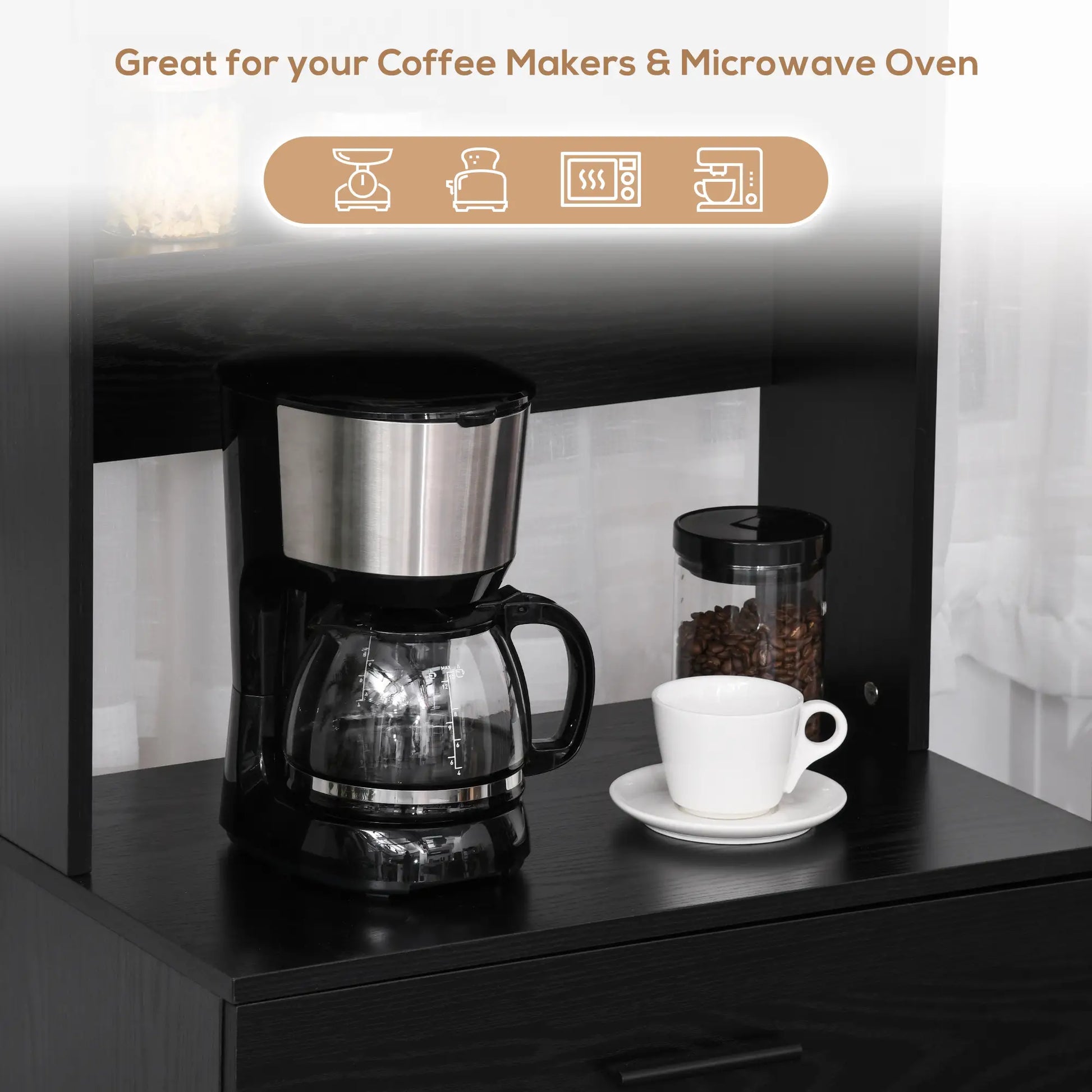 Modern Kitchen Buffet with Hutch, Wooden Storage Cupboard, Black Kitchen Pantry Cabinets at Gallery Canada