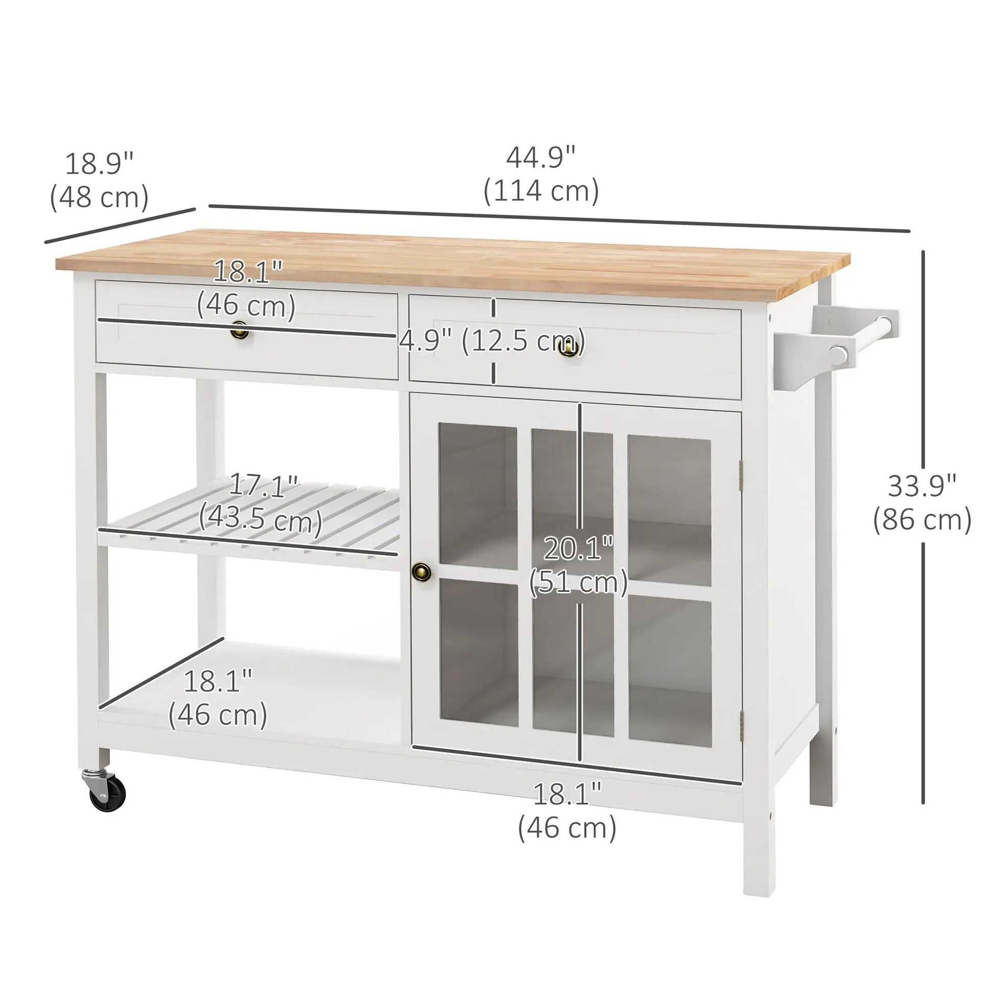 Kitchen Cart on Wheels, Utility Storage Island, Rubber Wood Top, White Kitchen Islands & Kitchen Carts at Gallery Canada