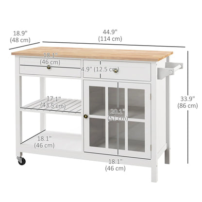 Kitchen Cart on Wheels, Utility Storage Island, Rubber Wood Top, White Kitchen Islands & Kitchen Carts at Gallery Canada