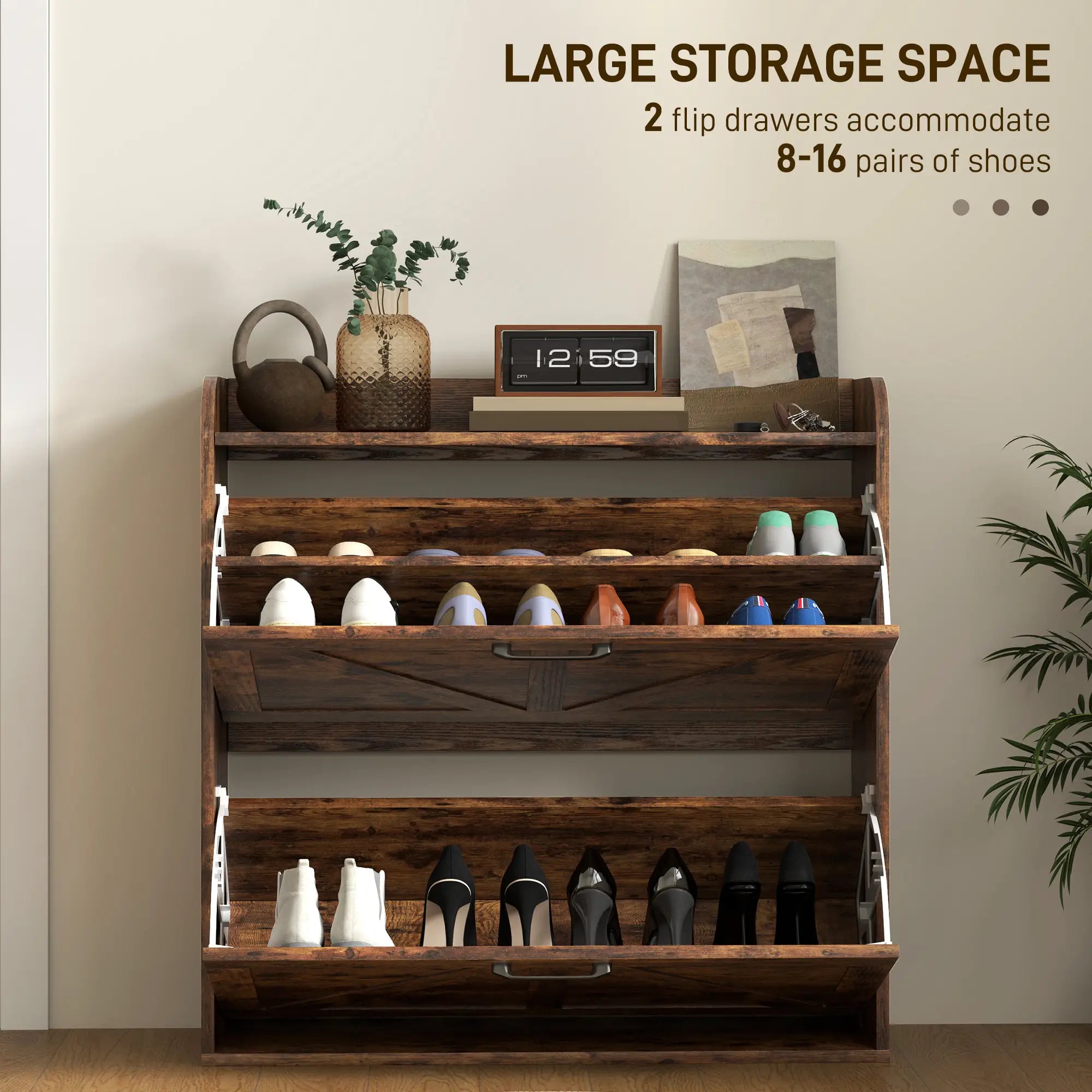 Narrow Shoe Storage Cabinet, 2 Flip Drawers, Adjustable Shelves, Rustic Brown Shoe Storage Cabinets & Racks at Gallery Canada
