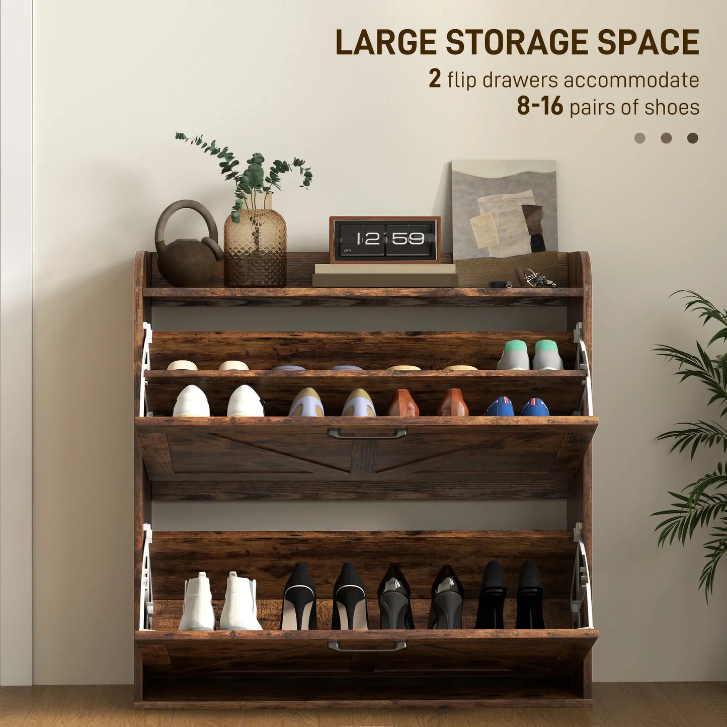 Narrow Shoe Storage Cabinet, 2 Flip Drawers, Adjustable Shelves, Rustic Brown Shoe Storage Cabinets & Racks at Gallery Canada