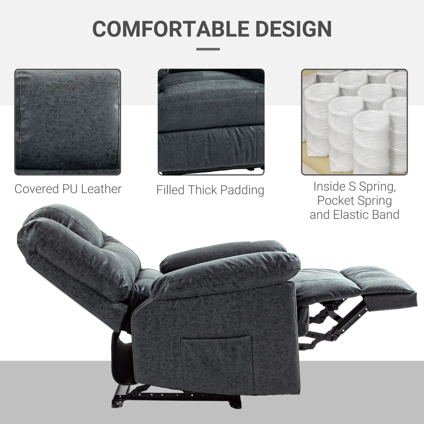 PU Leather Recliner Chair, Manual, Living Room, Footrest, Side Pockets, Steel Frame, Black Single Sofas at Gallery Canada