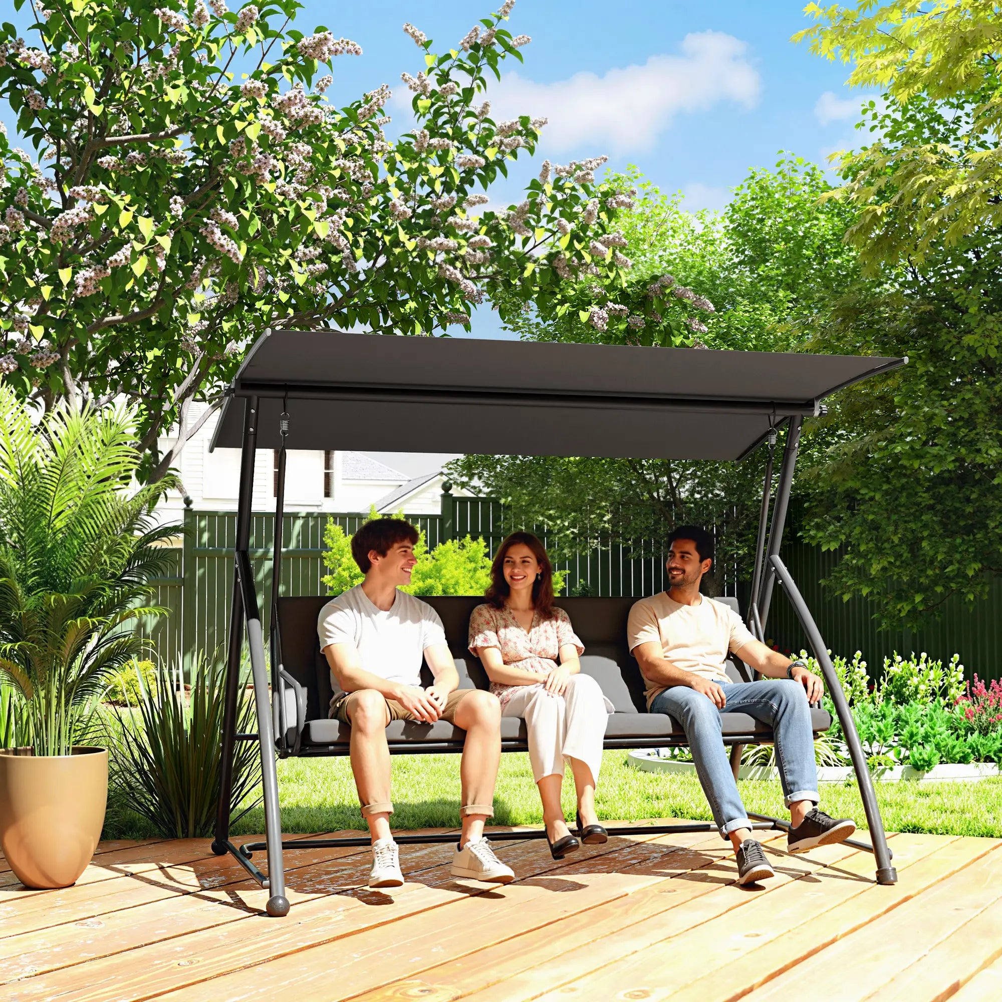 3 Person Patio Swing Chair, Convertible Hammock, Outdoor Lounge Bed, Dark Grey Porch Swings with Canopy at Gallery Canada