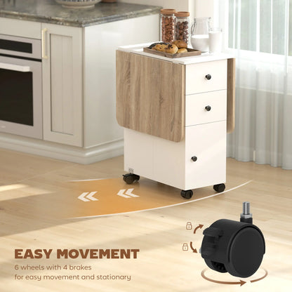Mobile Drop Leaf Dining Table On Wheels, White And Oak, White Dining Tables at Gallery Canada