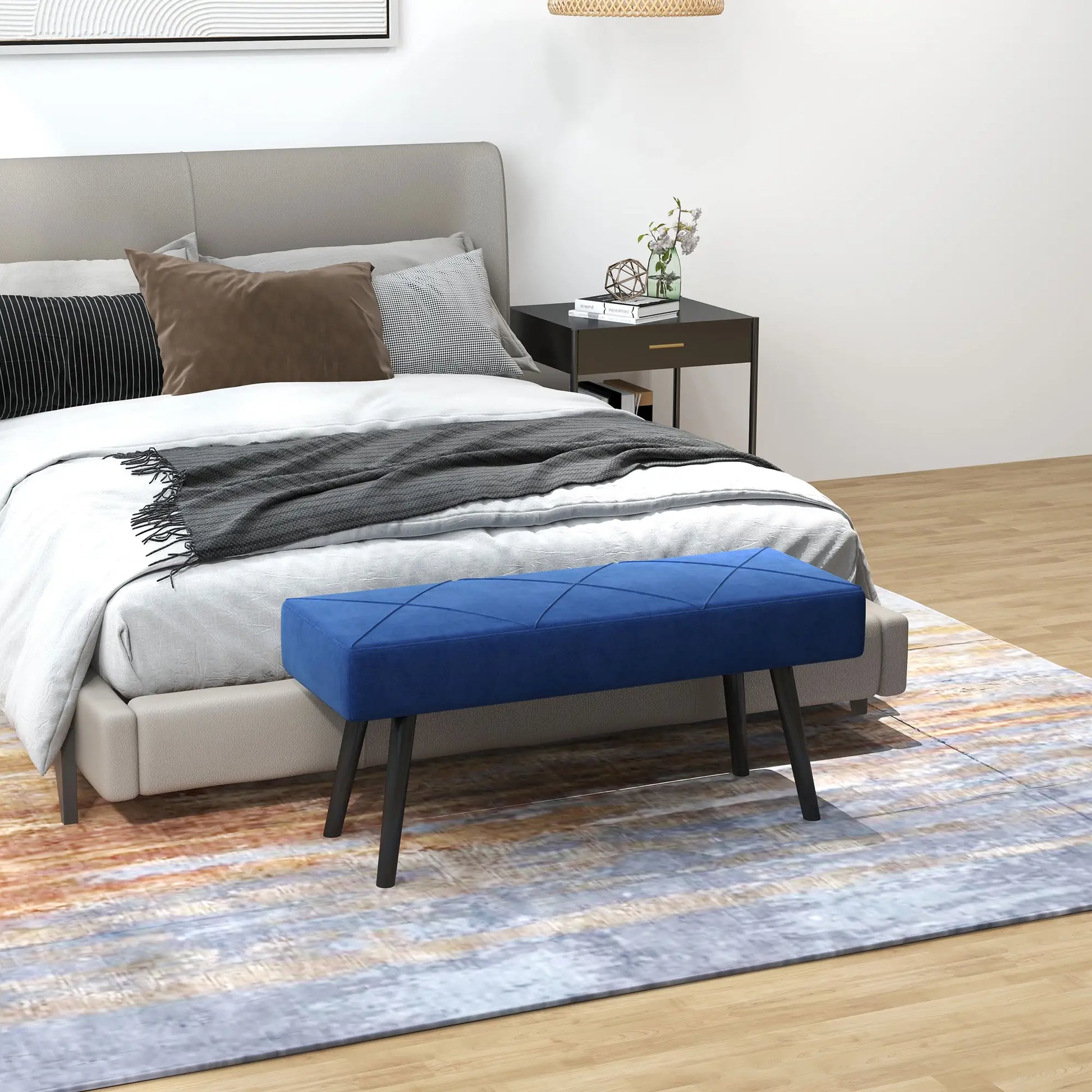 39 Inches Upholstered Bed Bench, Modern Steel Legs, Dark Blue Storage Ottomans & Benches at Gallery Canada