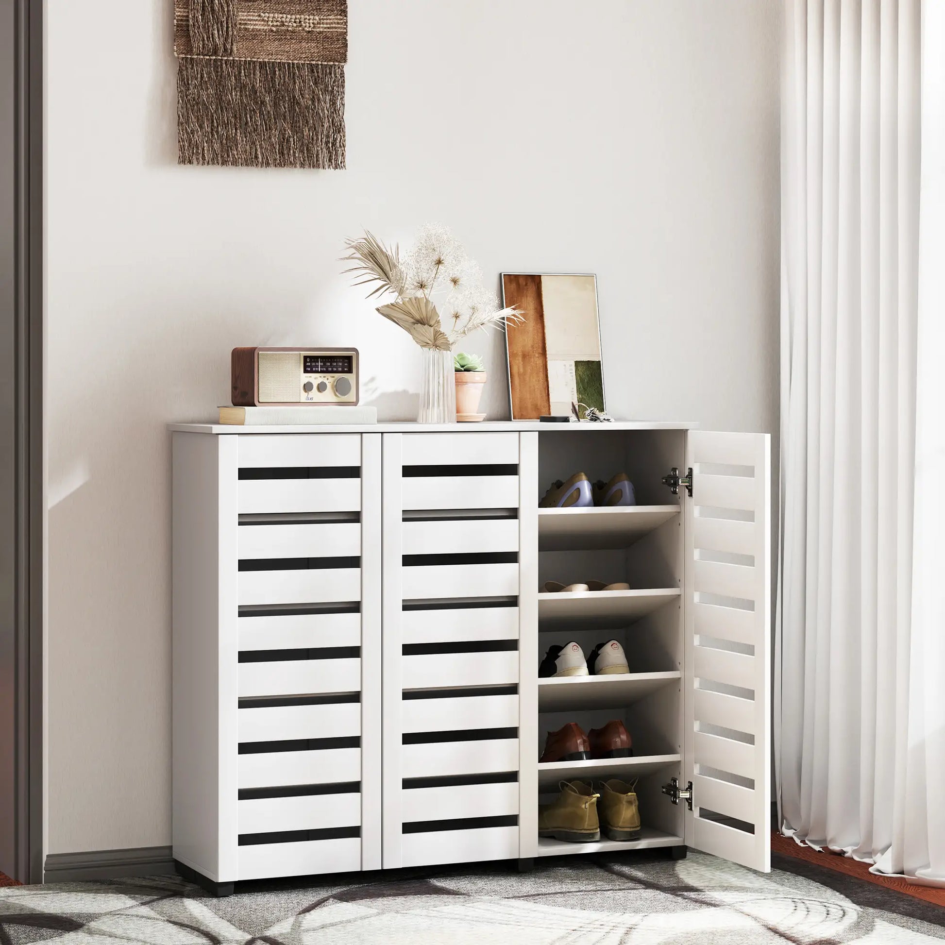 Narrow Shoe Cabinet, Slatted Doors, Adjustable Shelves, 20 Pairs, White Shoe Storage Cabinets & Racks at Gallery Canada