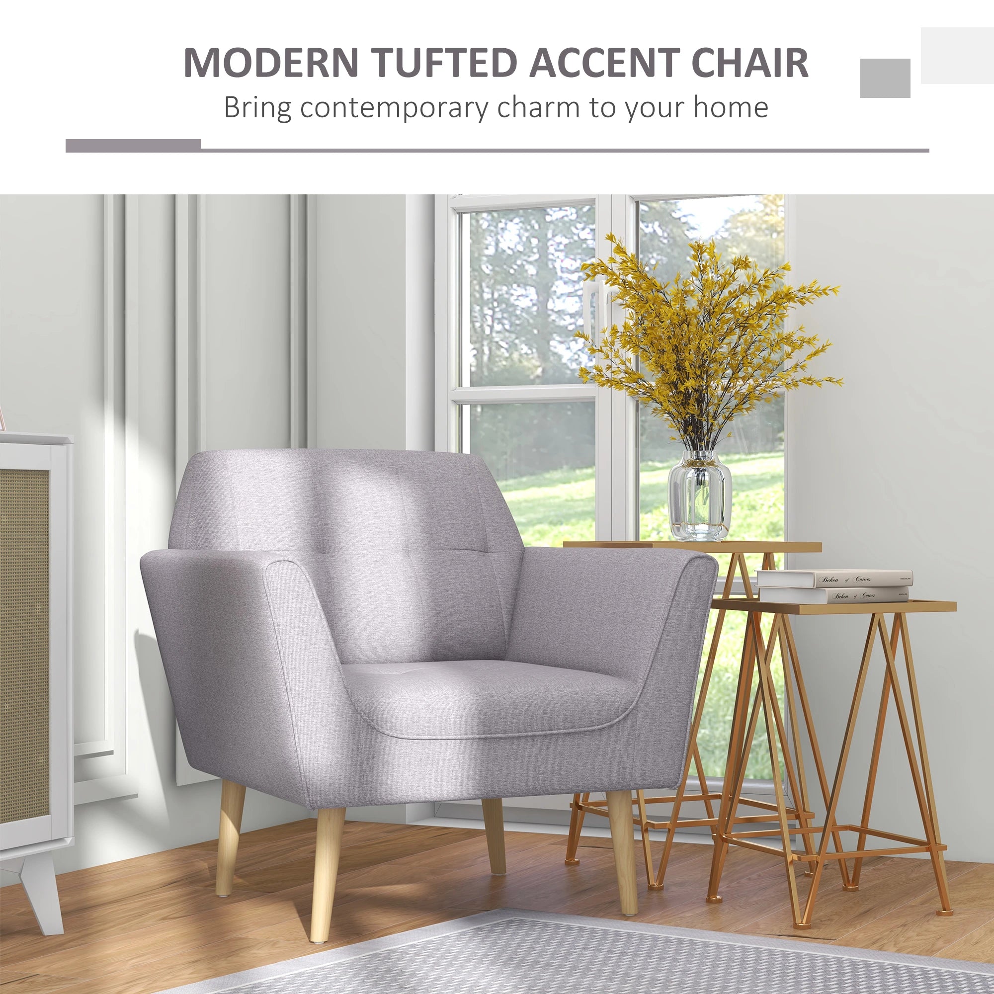 Upholstered Armchair, Modern Tufted Accent Chair, Rubber Wood Legs, Grey Accent Chairs at Gallery Canada
