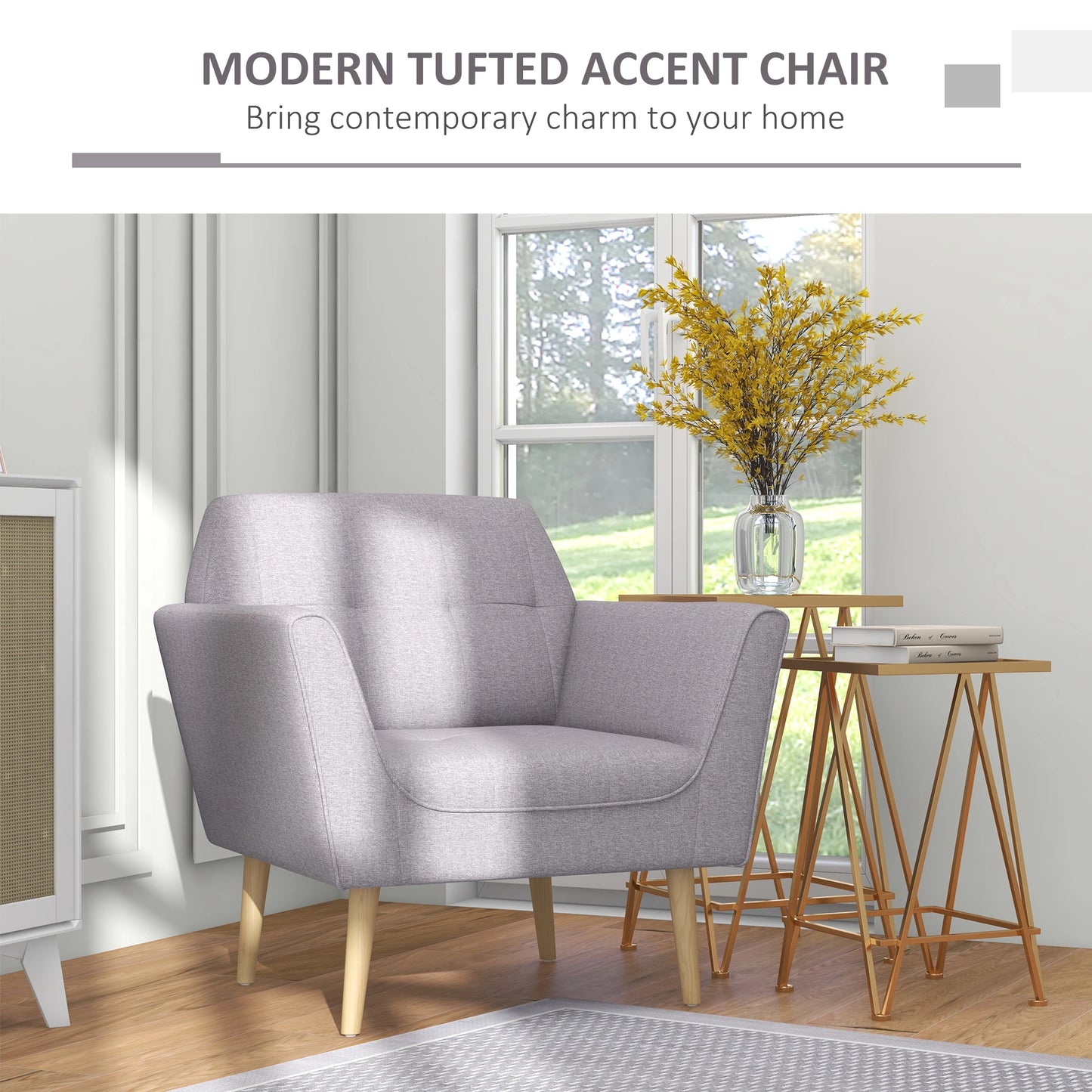 Upholstered Armchair, Modern Tufted Accent Chair, Rubber Wood Legs, Grey Accent Chairs at Gallery Canada
