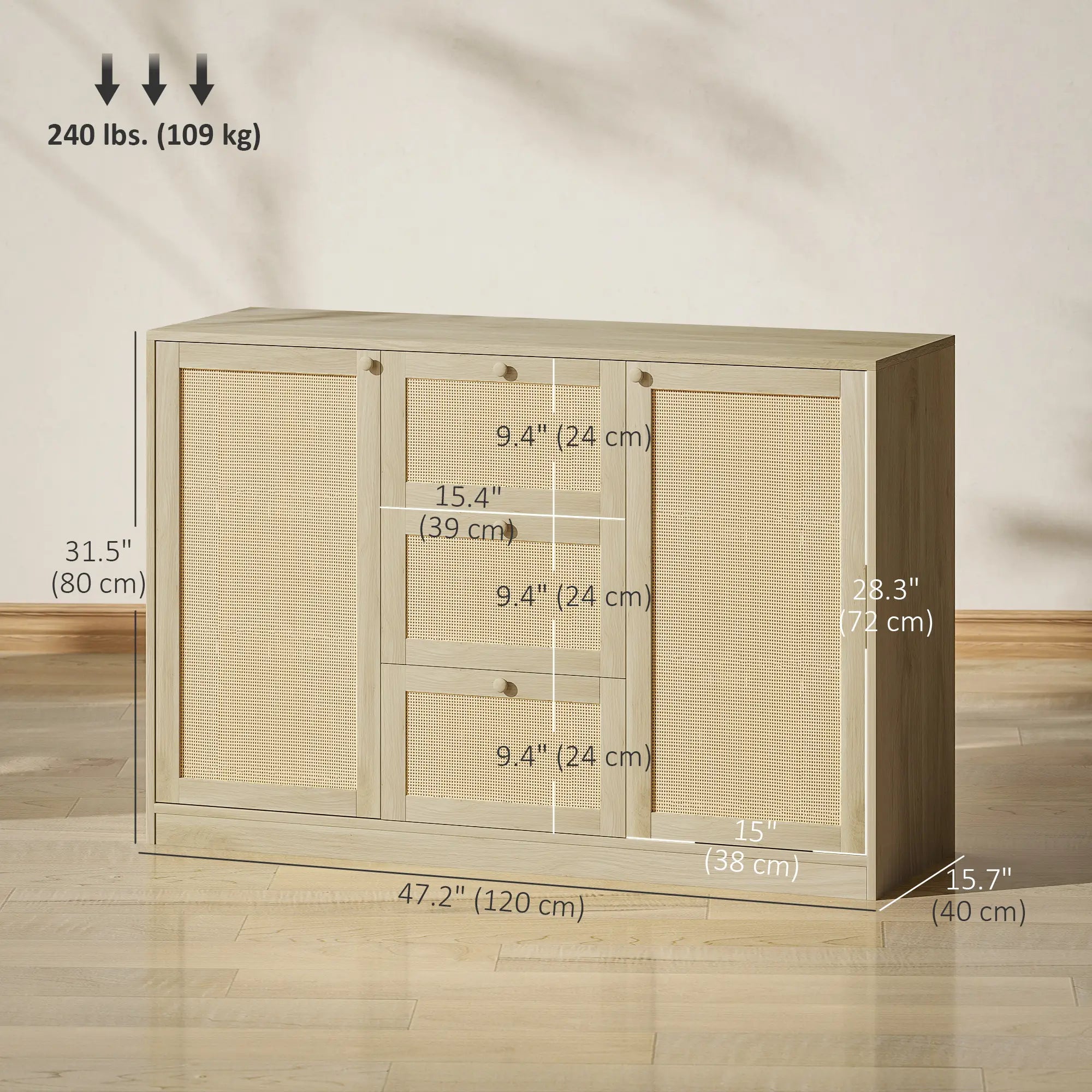 Boho Sideboard Buffet Cabinet, Kitchen Coffee Bar, 3 Drawers, 2 Shelves, 4 Racks, Natural Storage Cabinets at Gallery Canada
