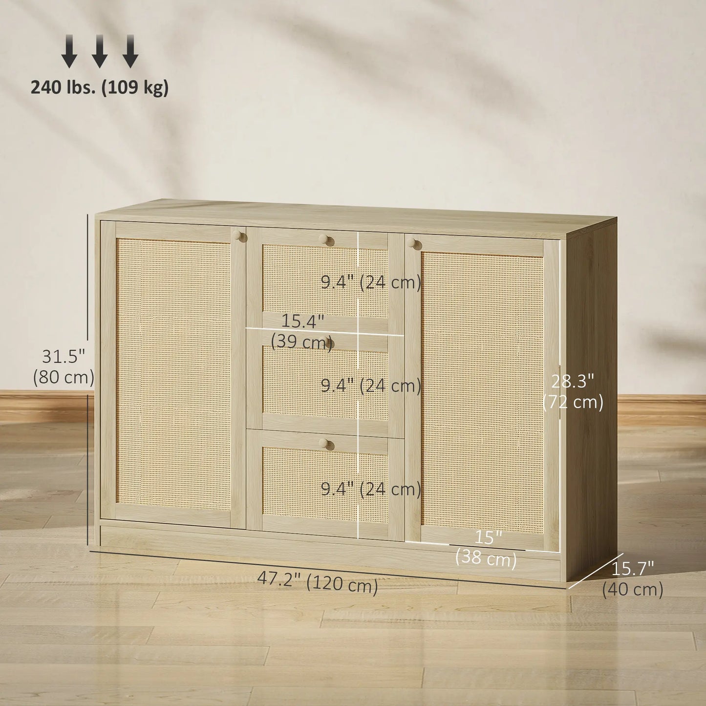 Boho Sideboard Buffet Cabinet, Kitchen Coffee Bar, 3 Drawers, 2 Shelves, 4 Racks, Natural Storage Cabinets at Gallery Canada