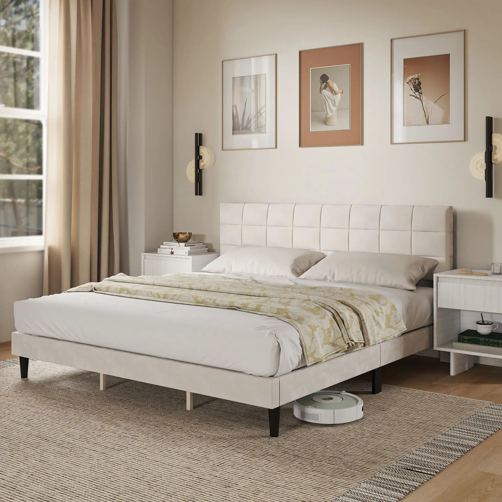 King Size Bed Frame, Upholstered Headboard, Wood Slats, 1100 lbs, Cream Bed Frames at Gallery Canada