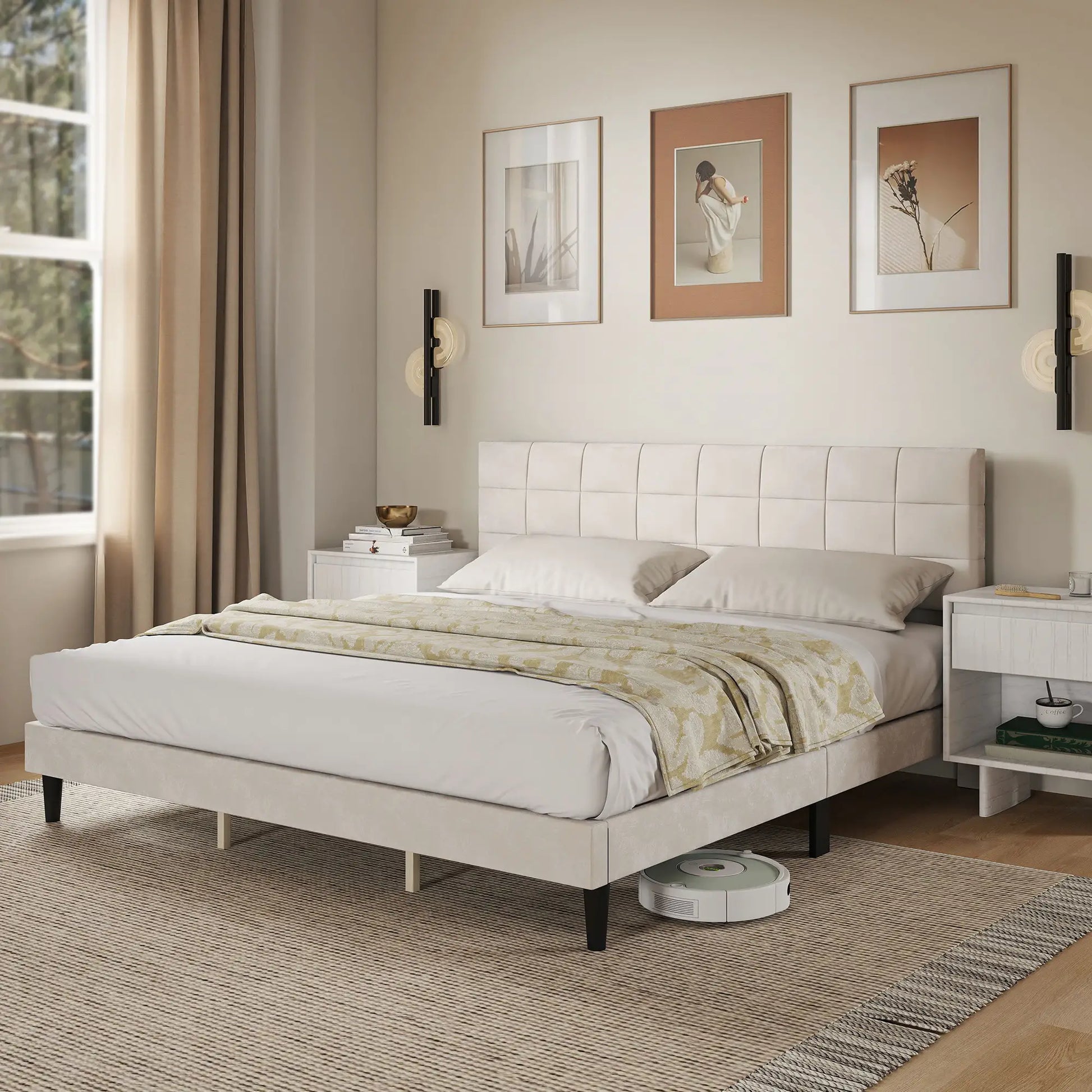 King Size Bed Frame, Upholstered Headboard, Wood Slats, 1100 lbs, Cream Bed Frames at Gallery Canada