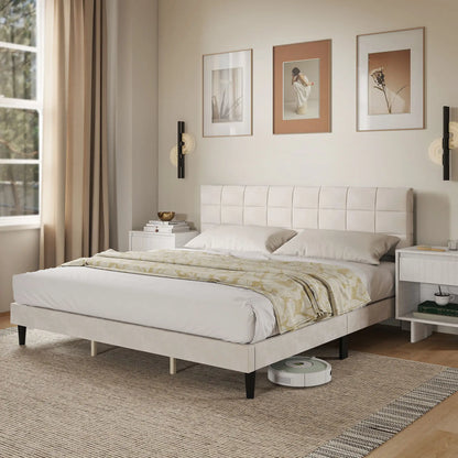 King Size Bed Frame, Upholstered Headboard, Wood Slats, 1100 lbs, Cream Bed Frames at Gallery Canada