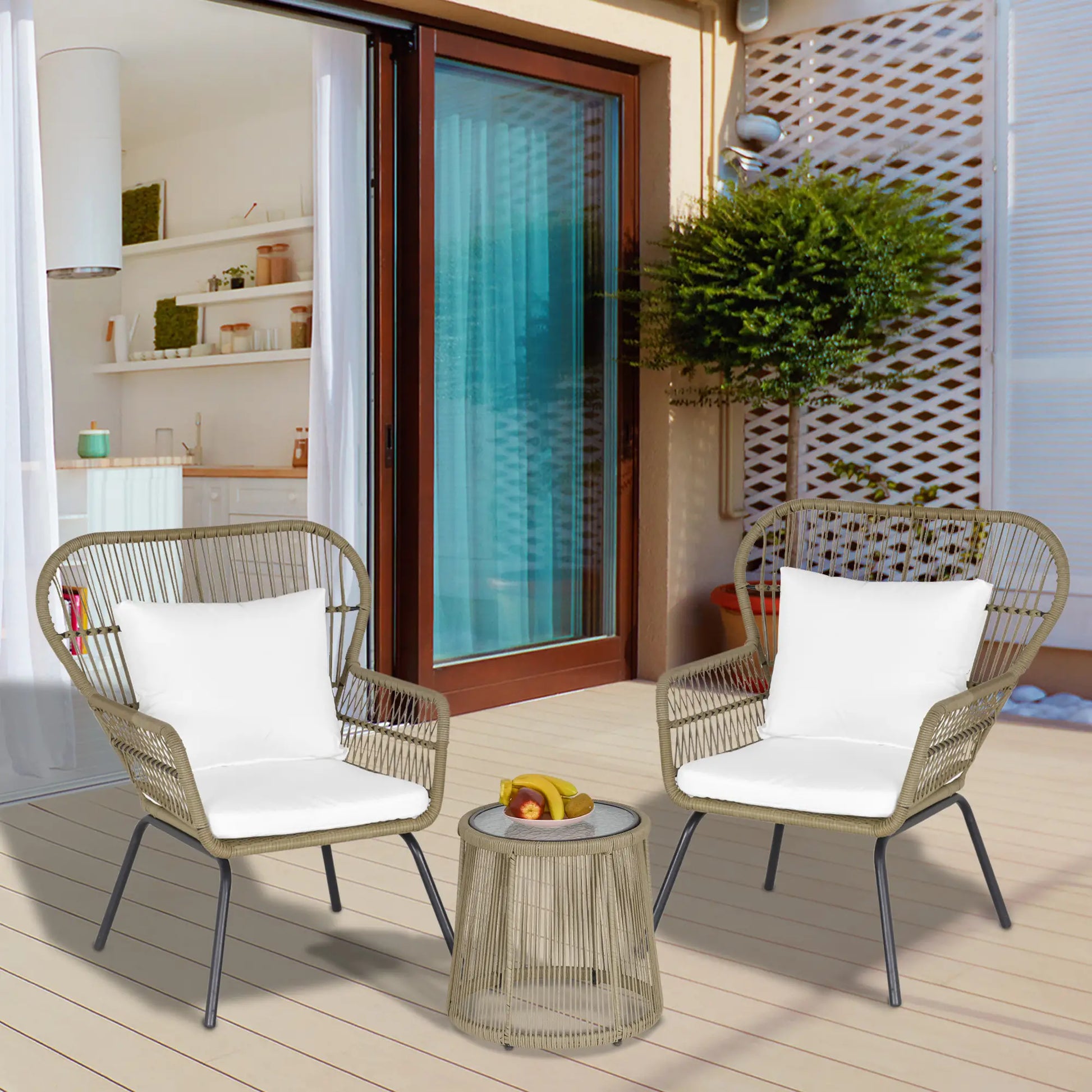 3 Pc Wicker Patio Set, Rattan Bistro with Table, Cushions, Outdoor, Coffee, White Bistro Sets at Gallery Canada