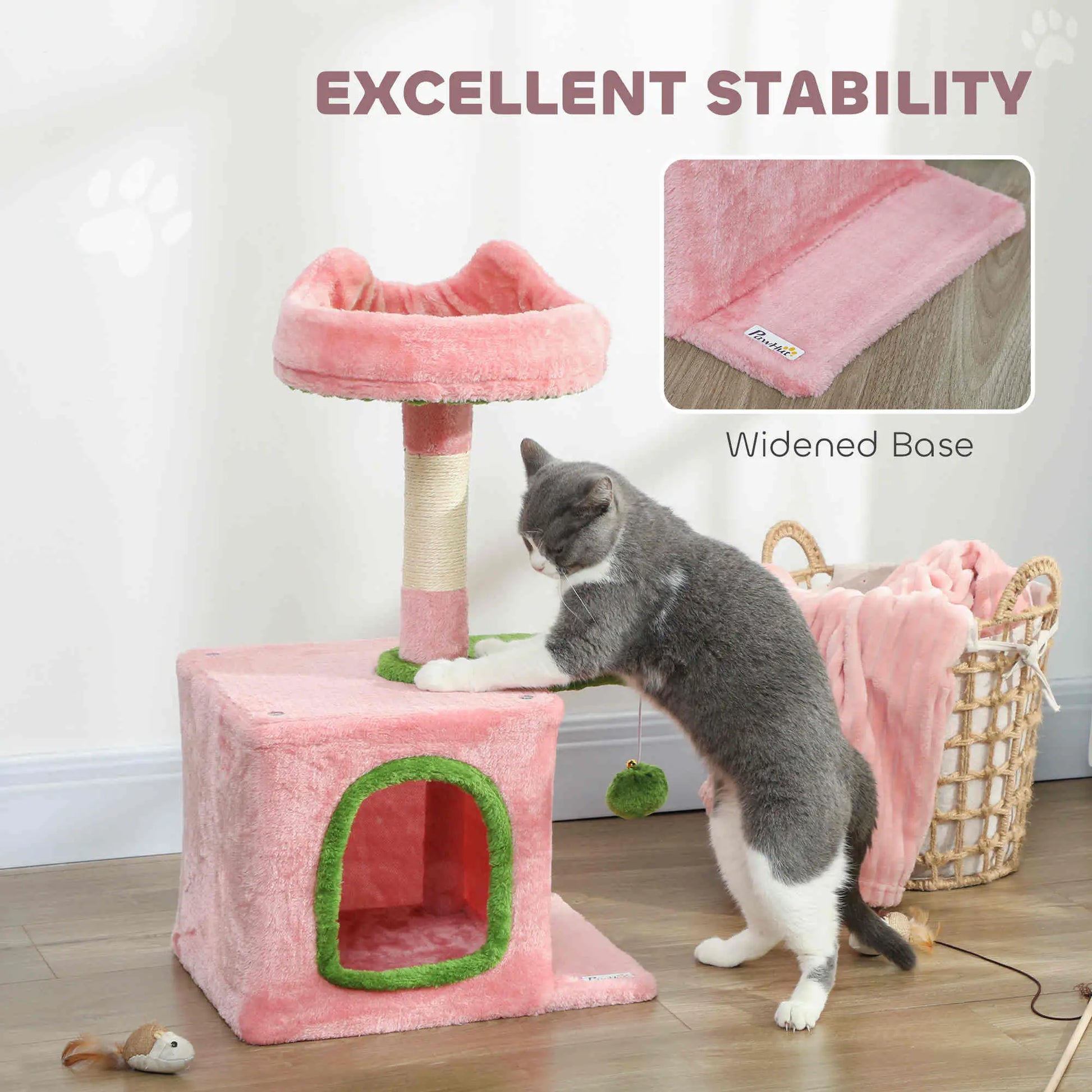28 Inch Cat Tree Tower with Plush Bed, Condo, Scratching Post, Pink & Green Cat Posts at Gallery Canada