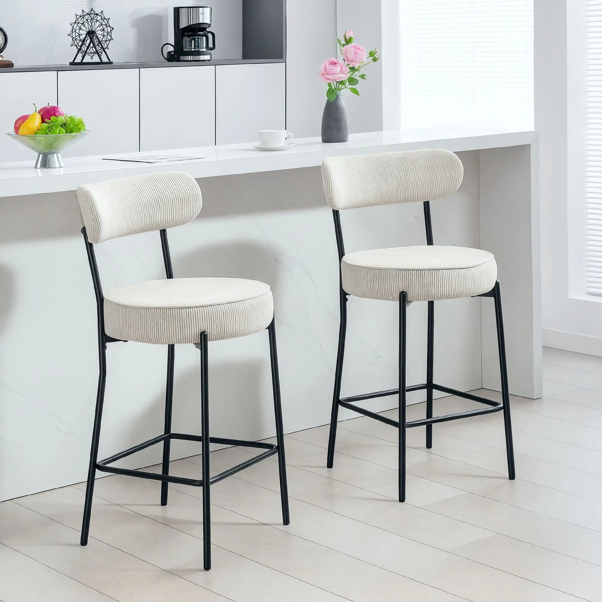 Set of 2 Upholstered Corduroy Barstools with Backrest, Footrest, Cream White Bar Stools at Gallery Canada