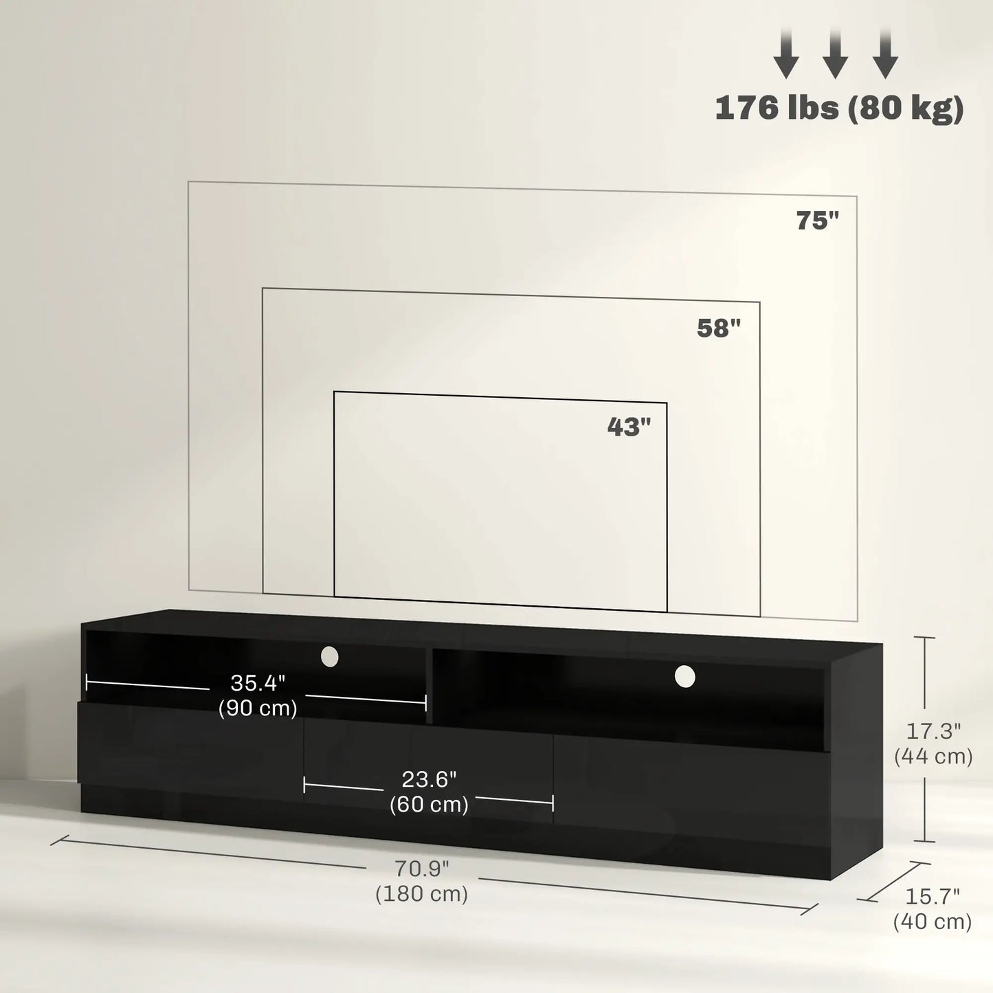LED Lighted TV Stand for 75", Storage Drawers, High Gloss Black, Black TV Stands at Gallery Canada