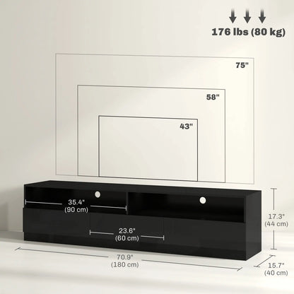 LED Lighted TV Stand for 75", Storage Drawers, High Gloss Black, Black TV Stands at Gallery Canada