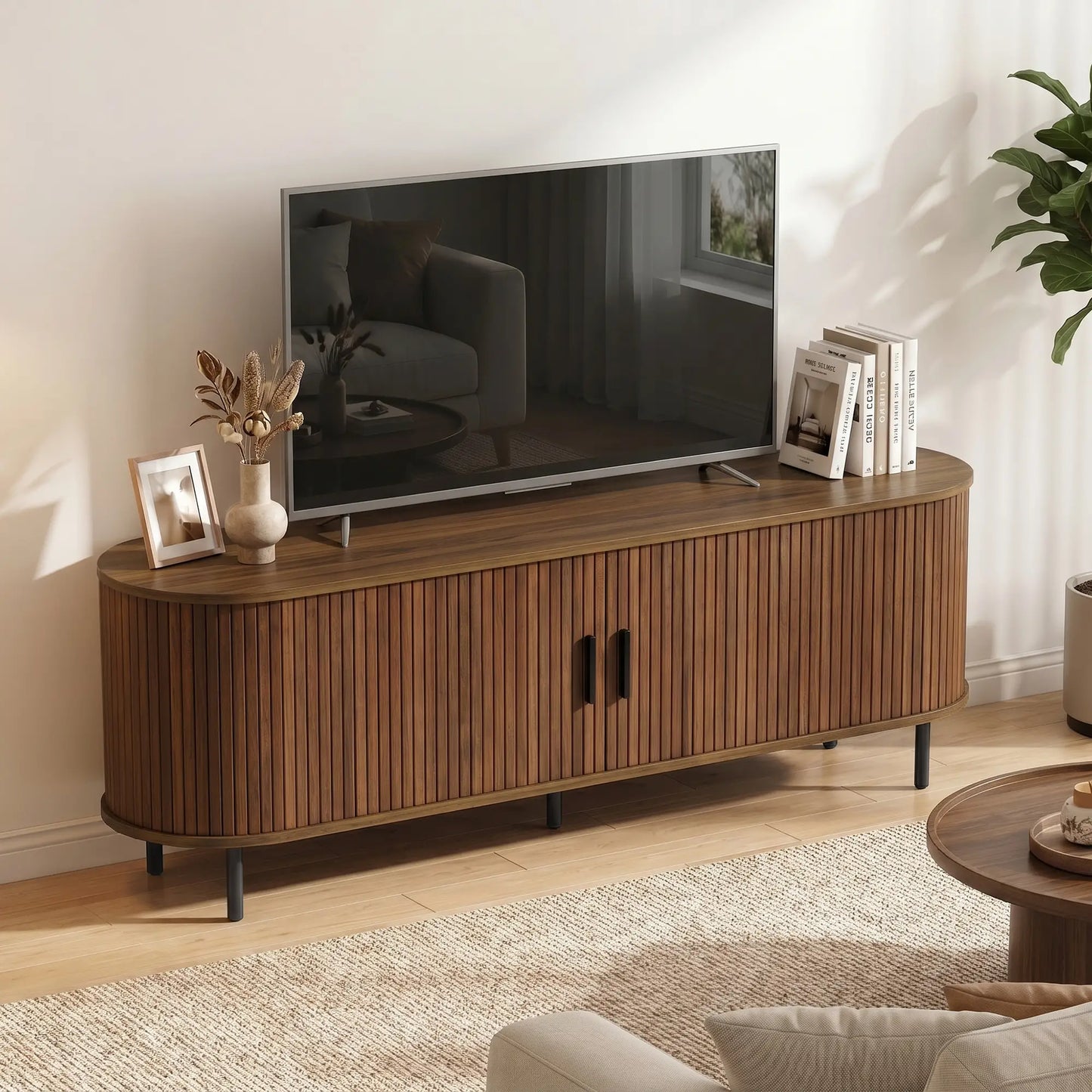 TV Stand for TVs up to 60", Modern Entertainment Center with Curved Sliding Doors, Walnut Brown