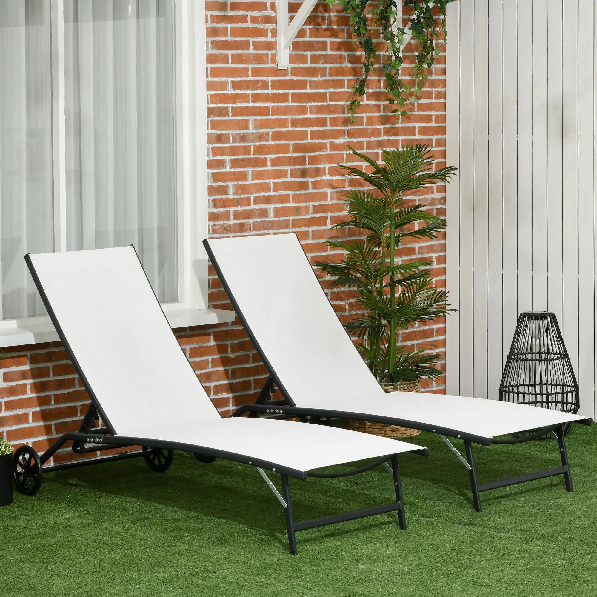 2PCs Lounge Chairs with Wheels, 5-Level Adjustable Backrest, White, White Lounger Chairs at Gallery Canada