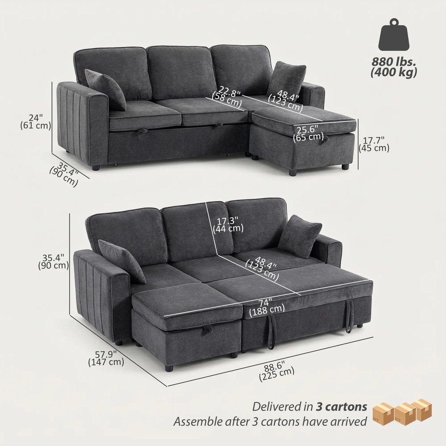 Modular Sectional Sofa Bed With Reversible Ottoman, Dark Grey